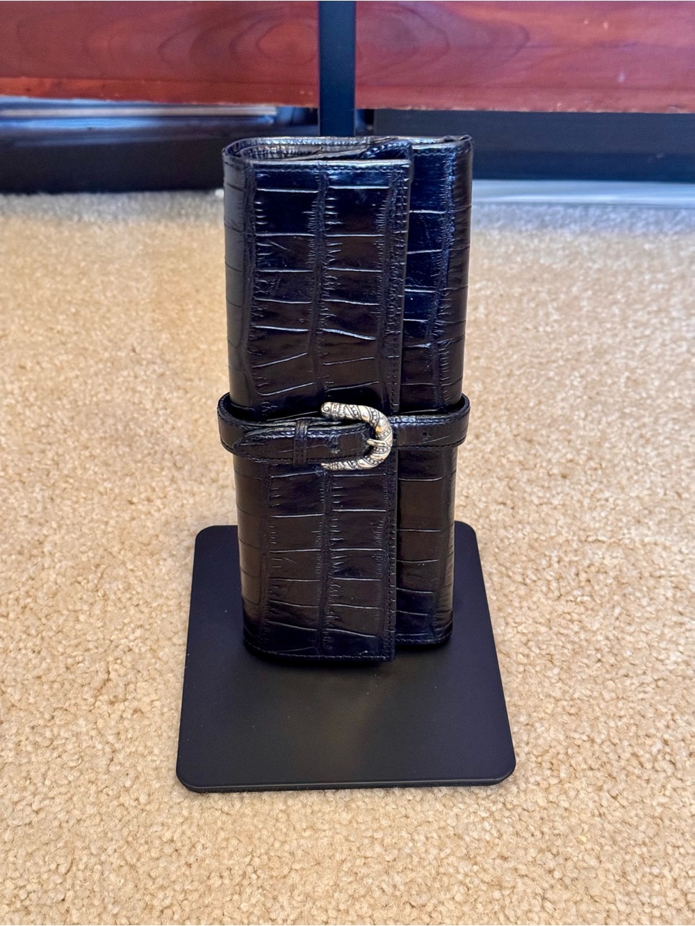 Brighton Black Croc-Embossed Roll Wallet with Decorative Buckle